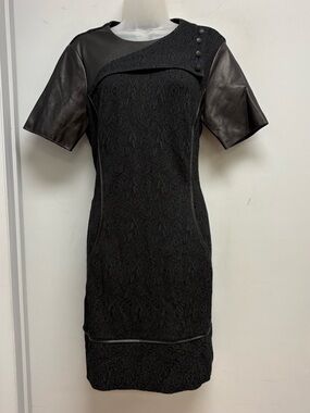 Marchesa Voyage Black Textured Sheath Dress With Leather Sleeves & Trim